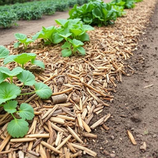 Close-up image of wood chip mulch around a row of vegetable plants