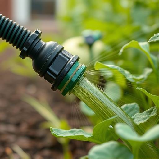 Close-up of a soaker hose irrigating a vegetable garden, with water dripping slowly onto the soil