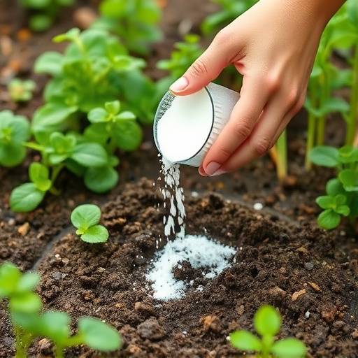 Gardener adding lime to the soil to correct acidity