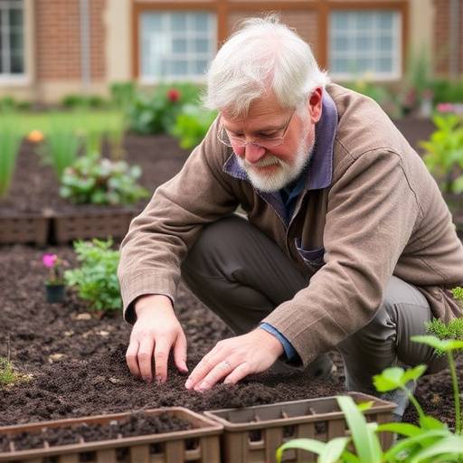 Samuel Olsen, horticulturalist, helping a gardener with soil preparation